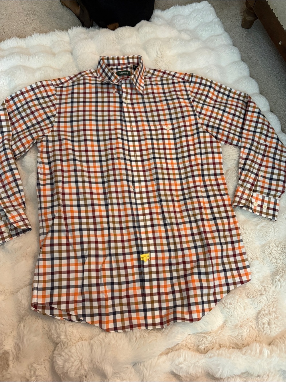 Orvis Men's Orange, Brown and White Plaid Button-Down Shirt